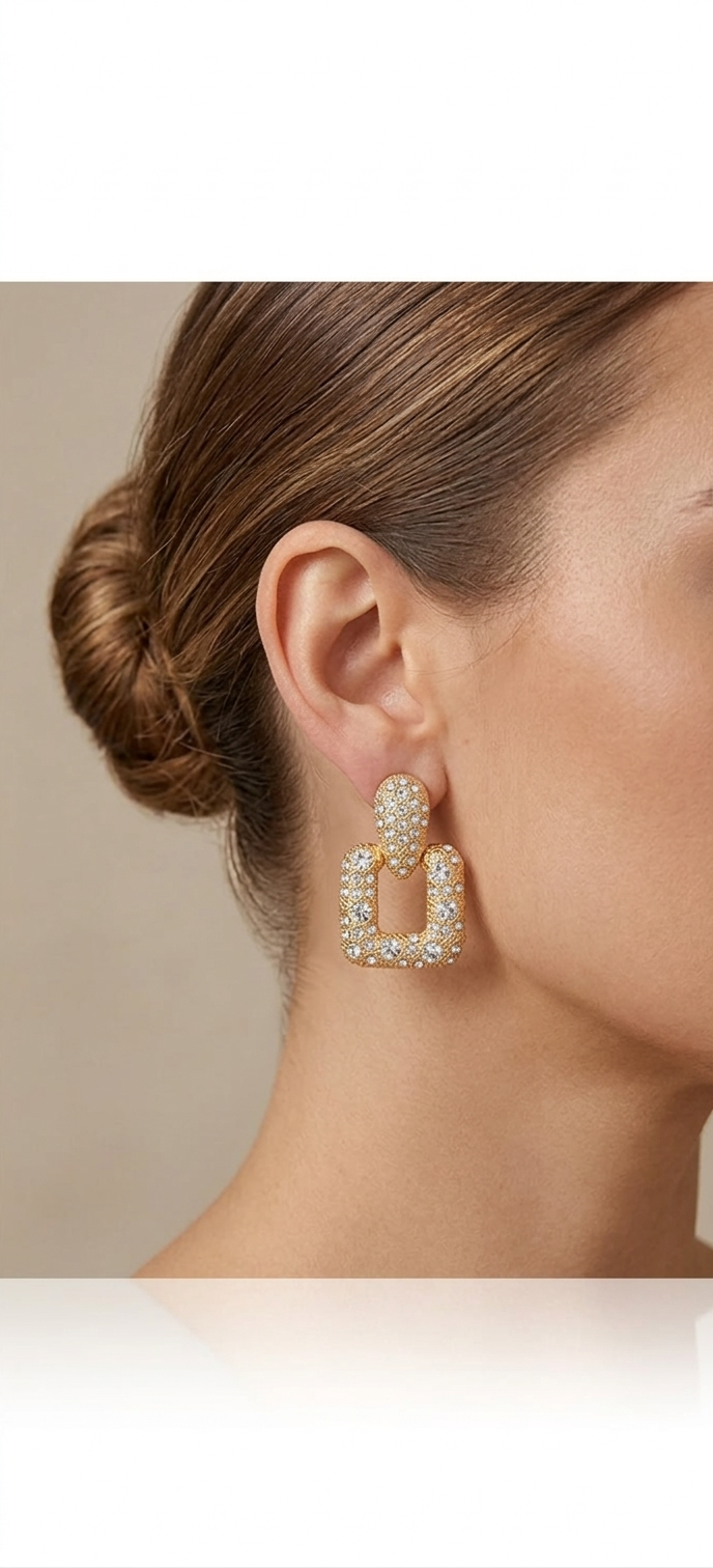 Statement Gold Geometric Drop Earrings with Crystal Embellishments
