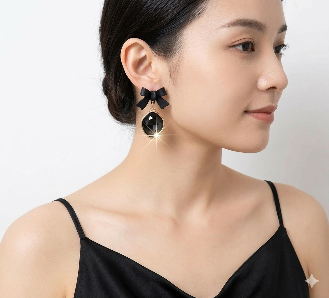 Chic Black Bow Drop Earrings with Faceted Crystal Charm