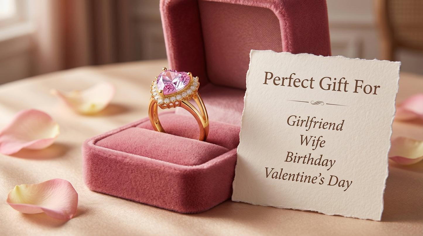 Elegant Heart-Cut Pink Gemstone Ring in Gold with Artificial Stones