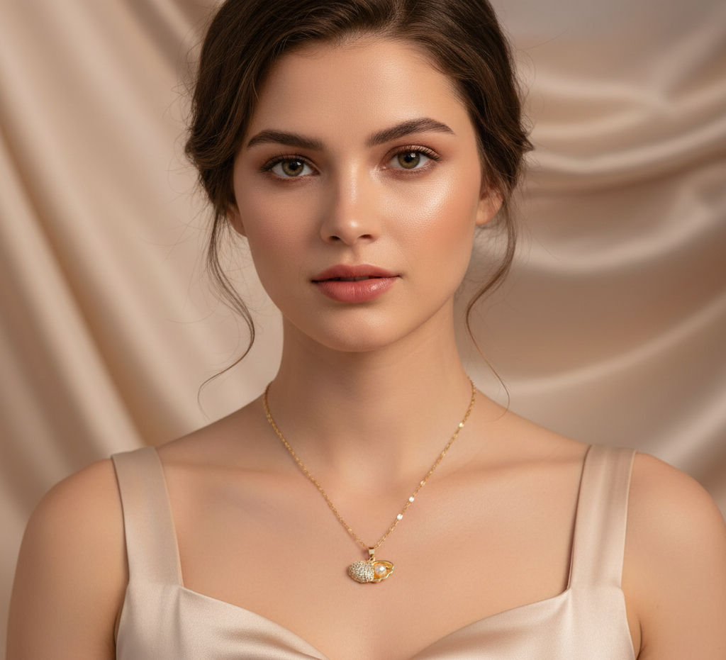 Elegant Gold Plated Seashell Pendant Necklace with Pearl & Crystal Detail