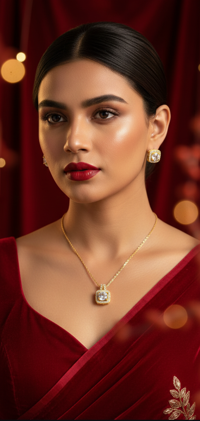 Luxury Gold Plated American Diamond Jewelry Set – Halo Pendant, Stud Earrings & Ring