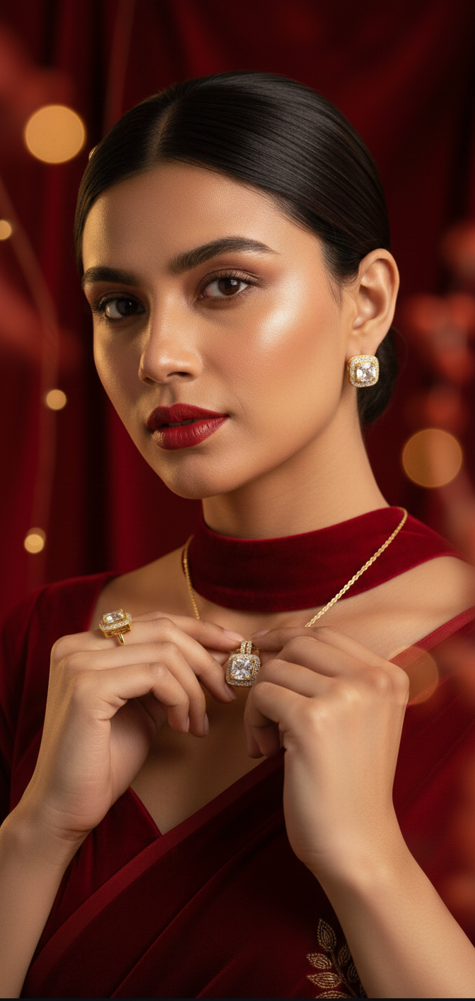 Luxury Gold Plated American Diamond Jewelry Set – Halo Pendant, Stud Earrings & Ring
