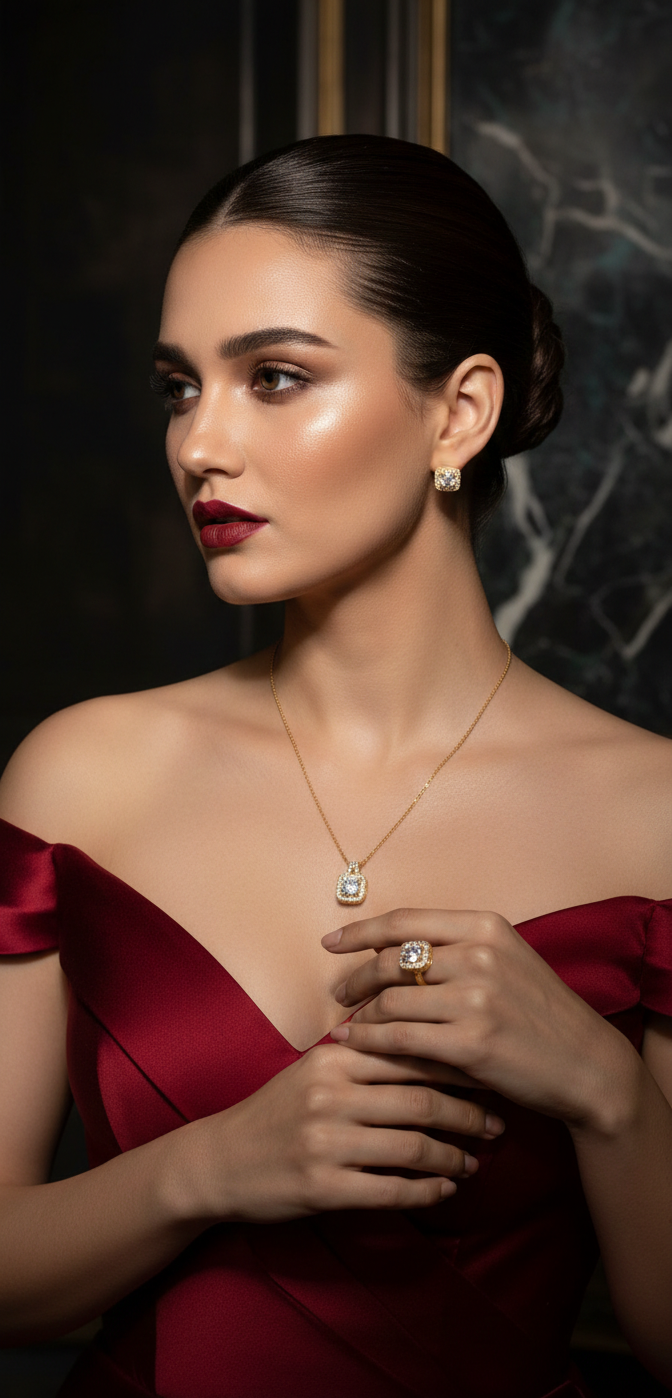 Luxury Gold Plated American Diamond Jewelry Set – Halo Pendant, Stud Earrings & Ring
