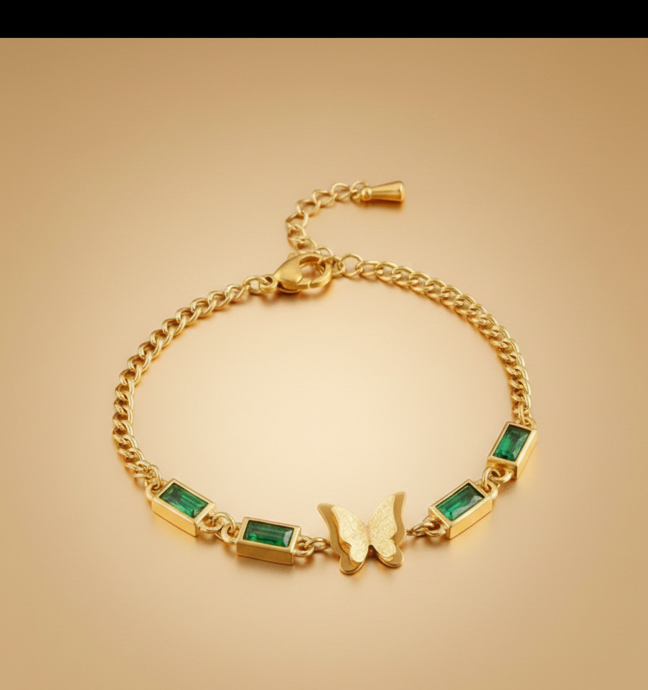 Elegant Gold Butterfly Bracelet with Emerald Accents