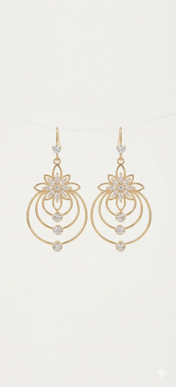 Elegant Gold Floral Halo Drop Earrings with Crystal Accents