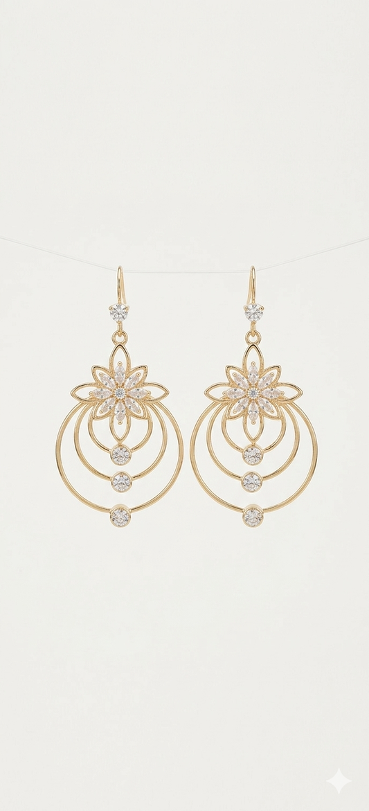 Elegant Gold Floral Halo Drop Earrings with Crystal Accents