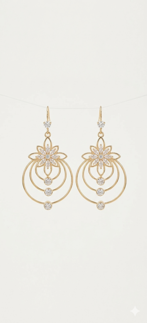 Elegant Gold Floral Halo Drop Earrings with Crystal Accents