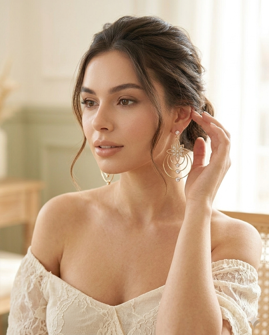 Elegant Gold Floral Halo Drop Earrings with Crystal Accents