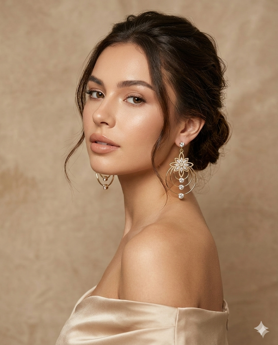 Elegant Gold Floral Halo Drop Earrings with Crystal Accents