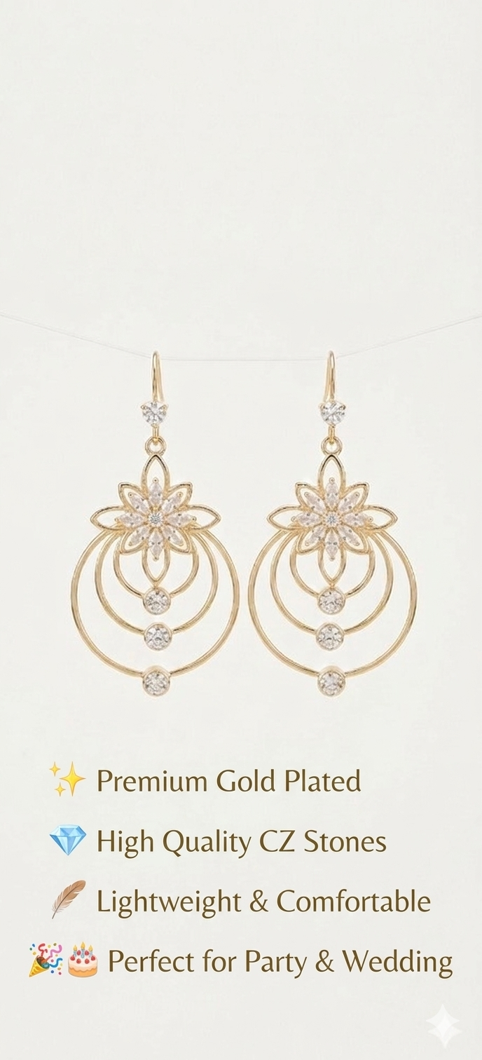 Elegant Gold Floral Halo Drop Earrings with Crystal Accents