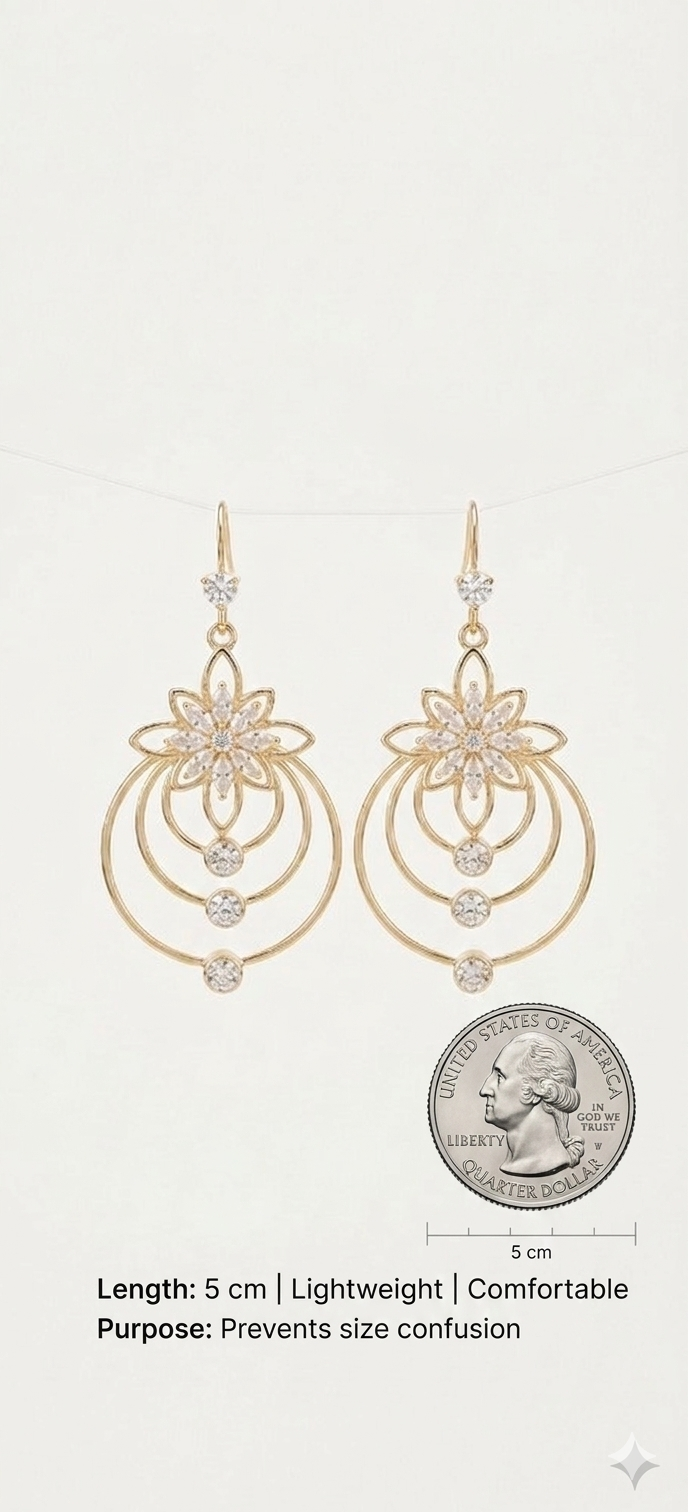 Elegant Gold Floral Halo Drop Earrings with Crystal Accents
