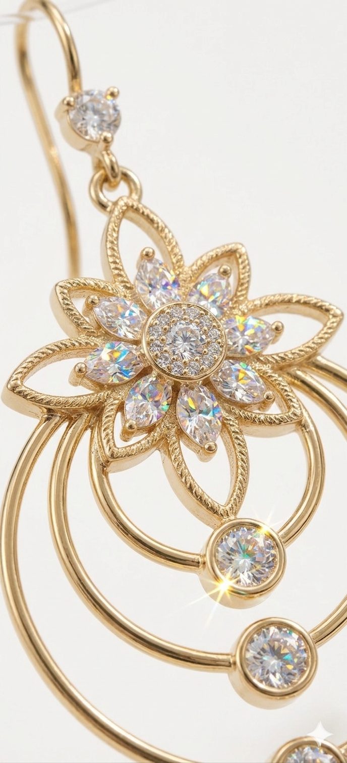 Elegant Gold Floral Halo Drop Earrings with Crystal Accents