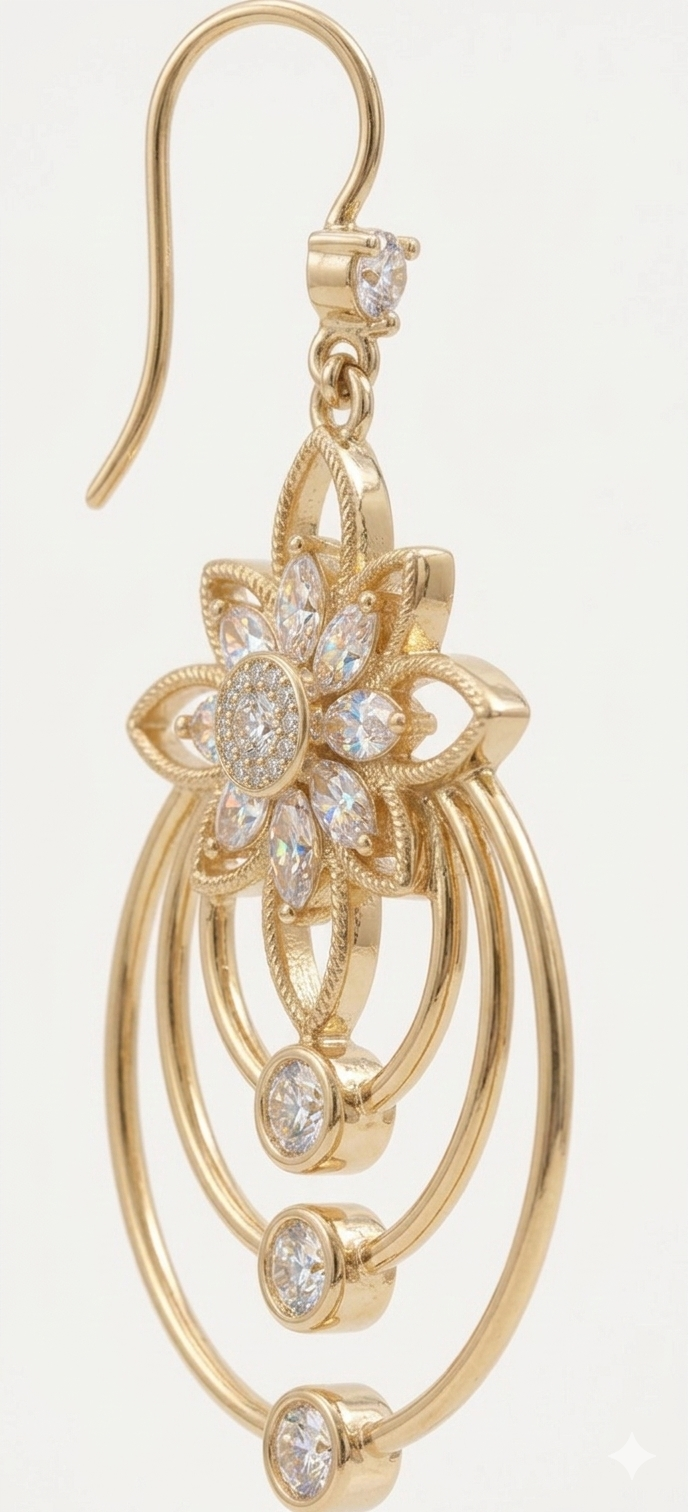 Elegant Gold Floral Halo Drop Earrings with Crystal Accents