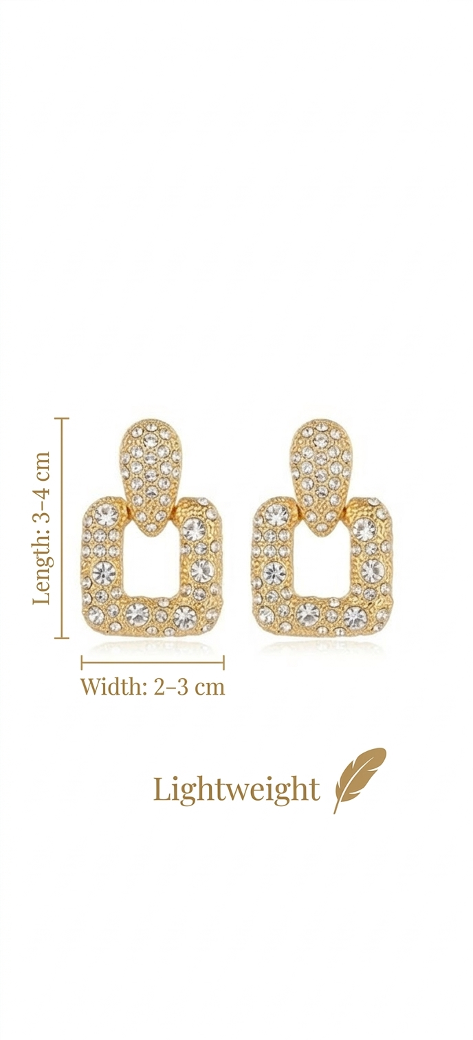 Statement Gold Geometric Drop Earrings with Crystal Embellishments