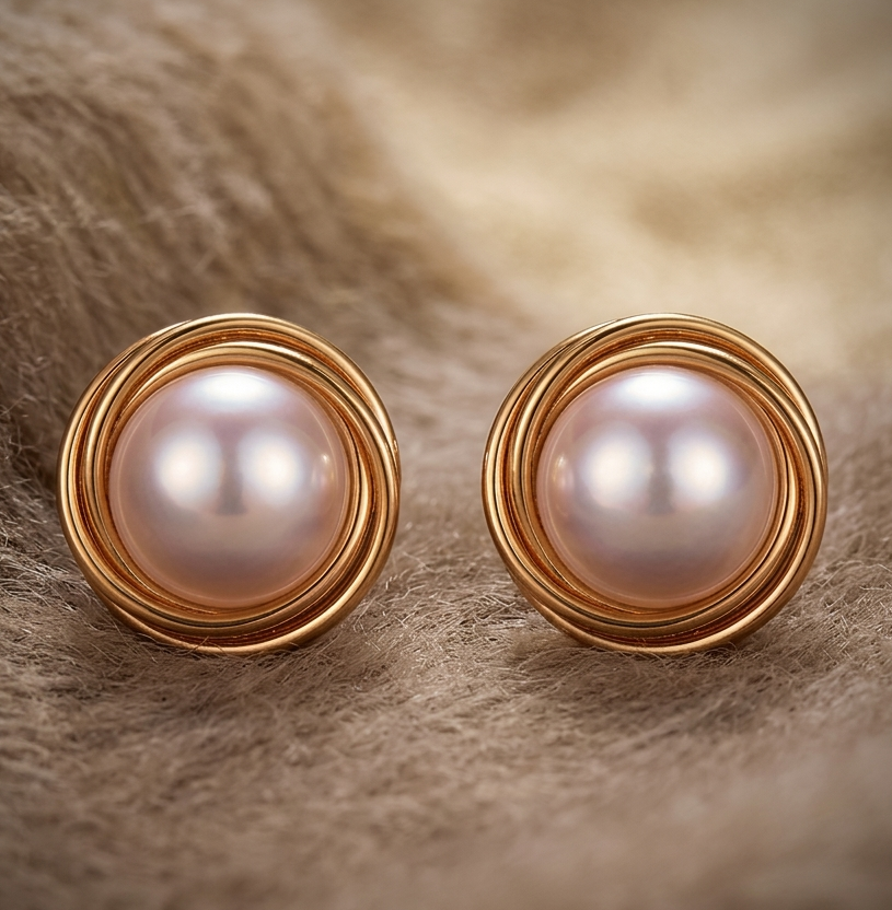 Classic Gold Pearl Stud Earrings with Sculpted Halo Design
