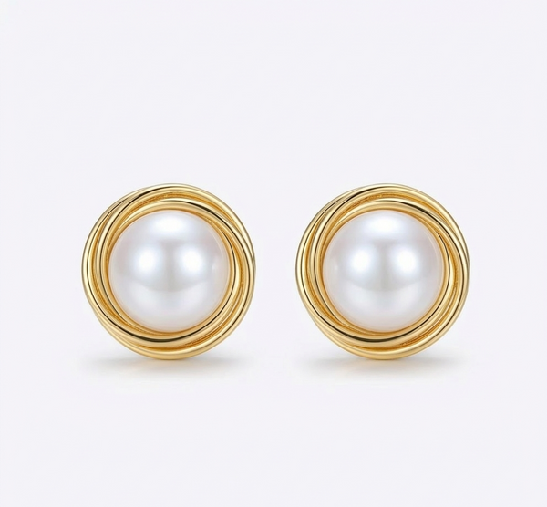 Classic Gold Pearl Stud Earrings with Sculpted Halo Design