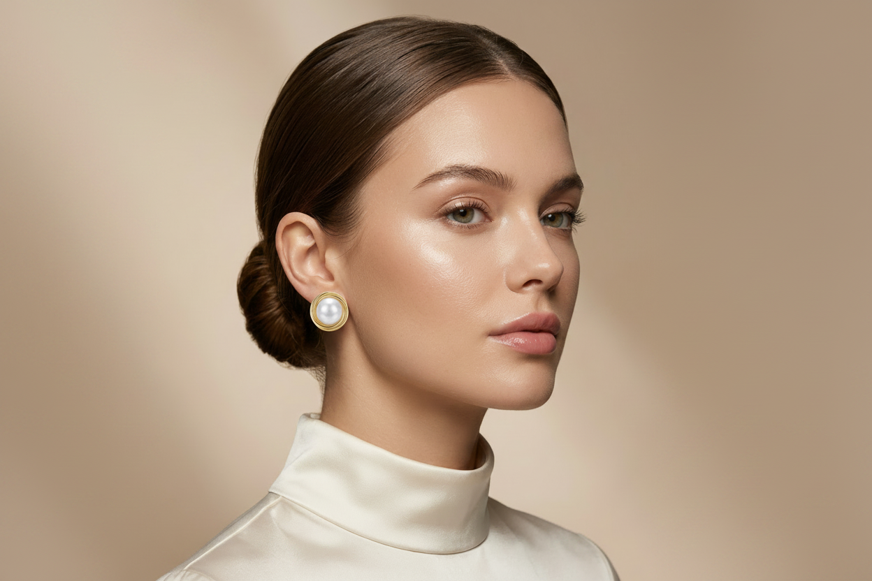Classic Gold Pearl Stud Earrings with Sculpted Halo Design