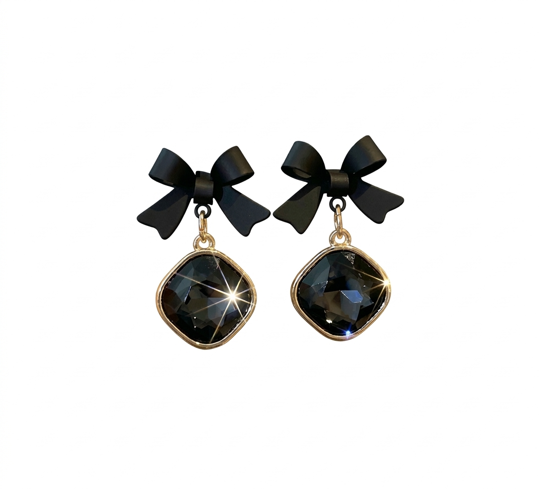Chic Black Bow Drop Earrings with Faceted Crystal Charm