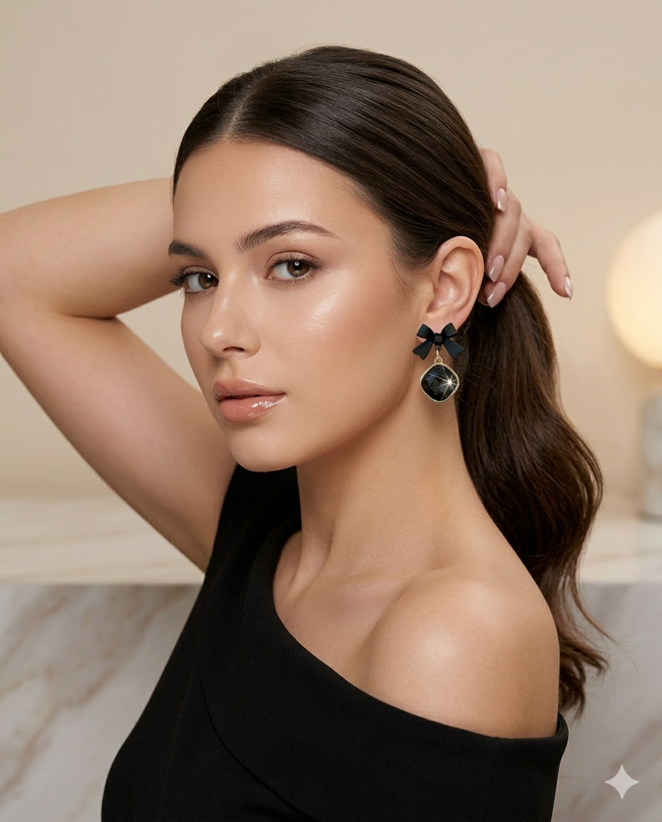 Chic Black Bow Drop Earrings with Faceted Crystal Charm