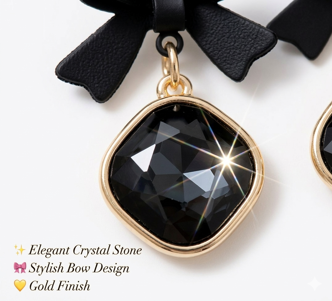 Chic Black Bow Drop Earrings with Faceted Crystal Charm