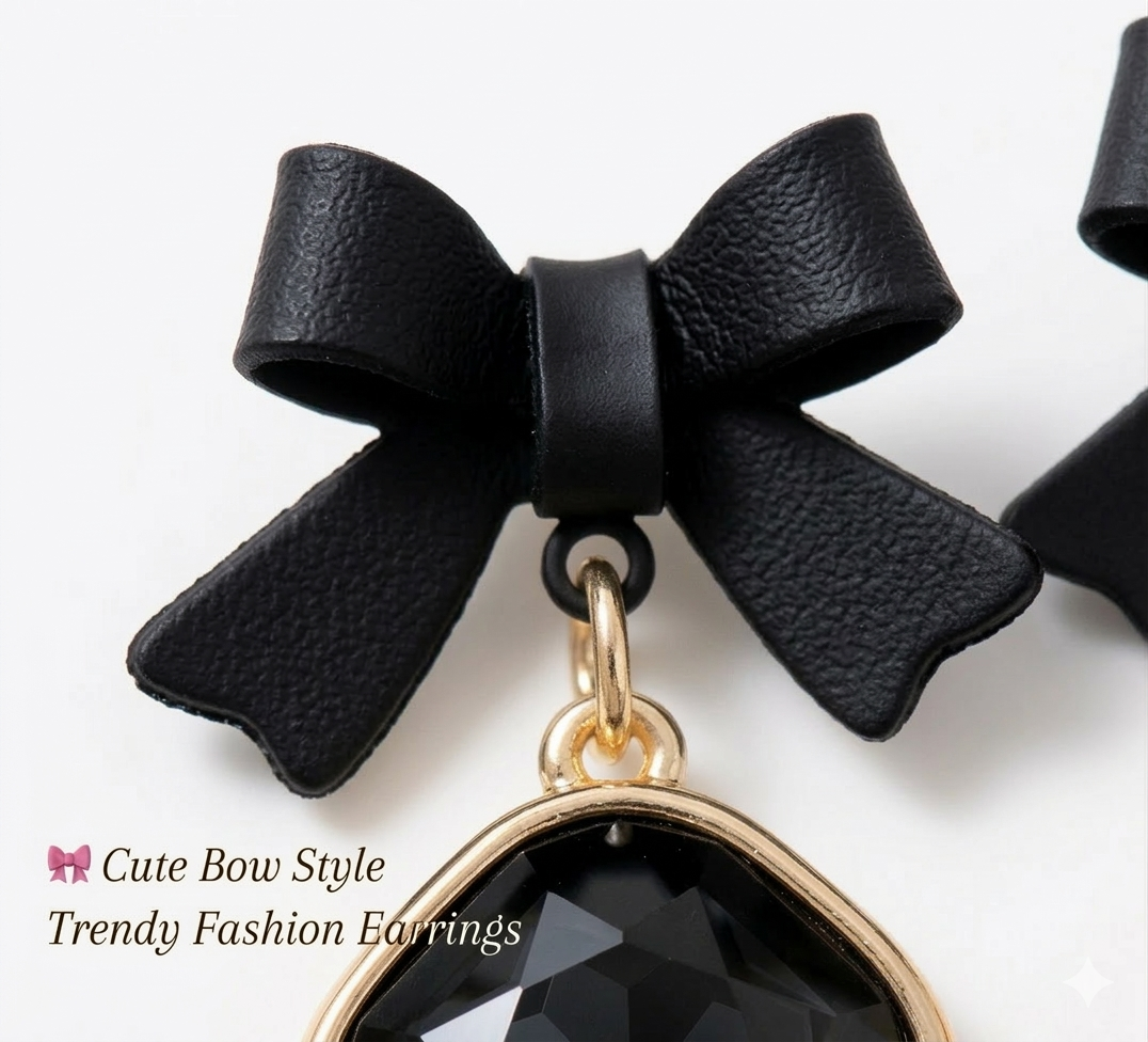 Chic Black Bow Drop Earrings with Faceted Crystal Charm