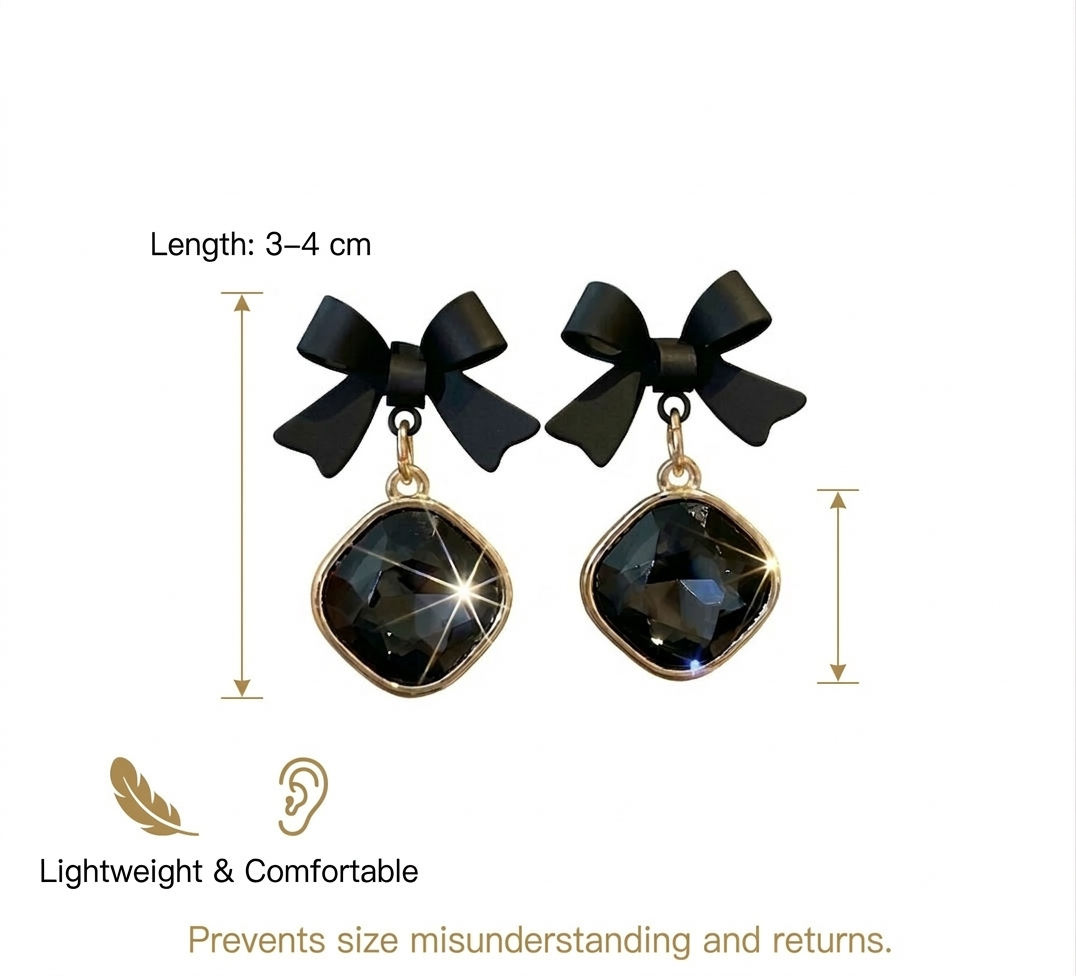 Chic Black Bow Drop Earrings with Faceted Crystal Charm