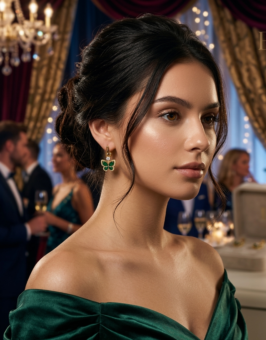 Elegant Gold Butterfly Earrings with Emerald Green Stones