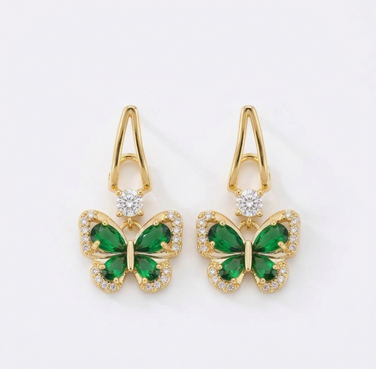 Elegant Gold Butterfly Earrings with Emerald Green Stones