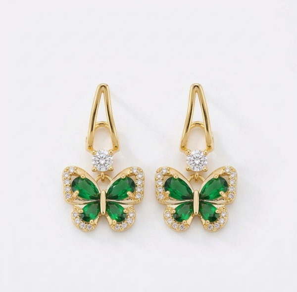 Elegant Gold Butterfly Earrings with Emerald Green Stones