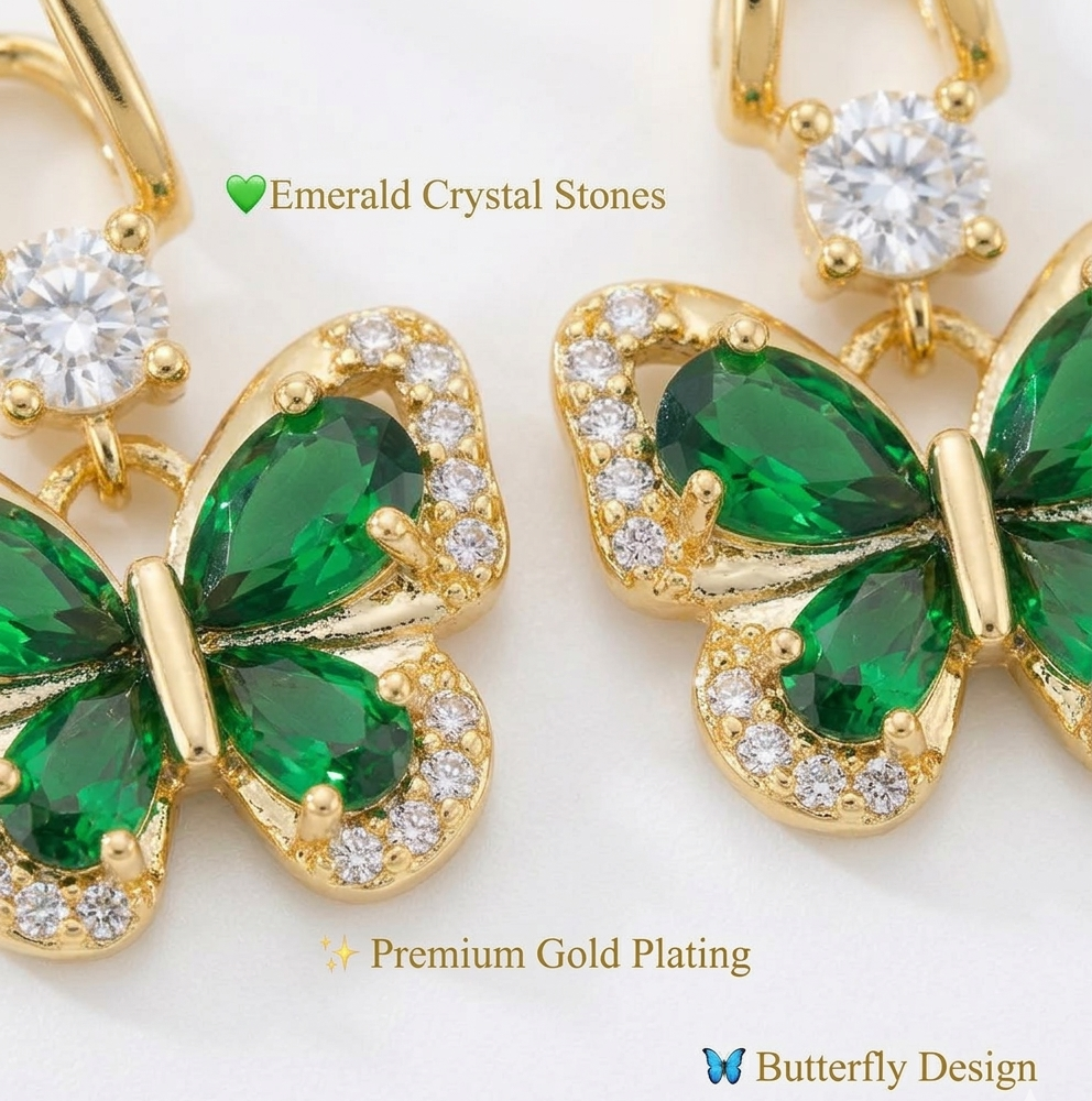 Elegant Gold Butterfly Earrings with Emerald Green Stones