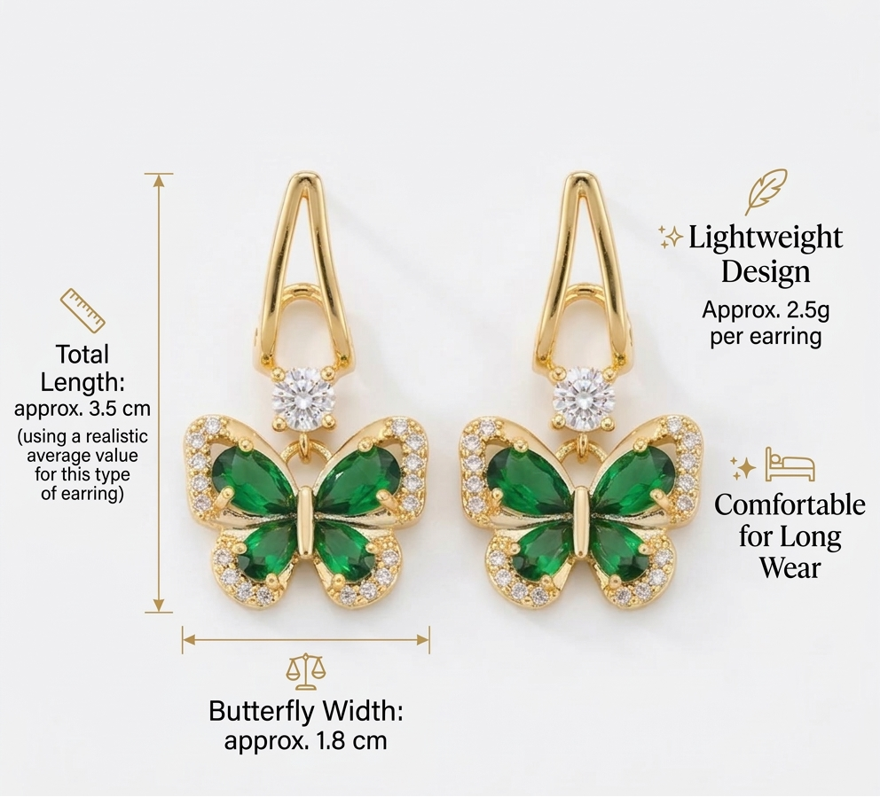 Elegant Gold Butterfly Earrings with Emerald Green Stones