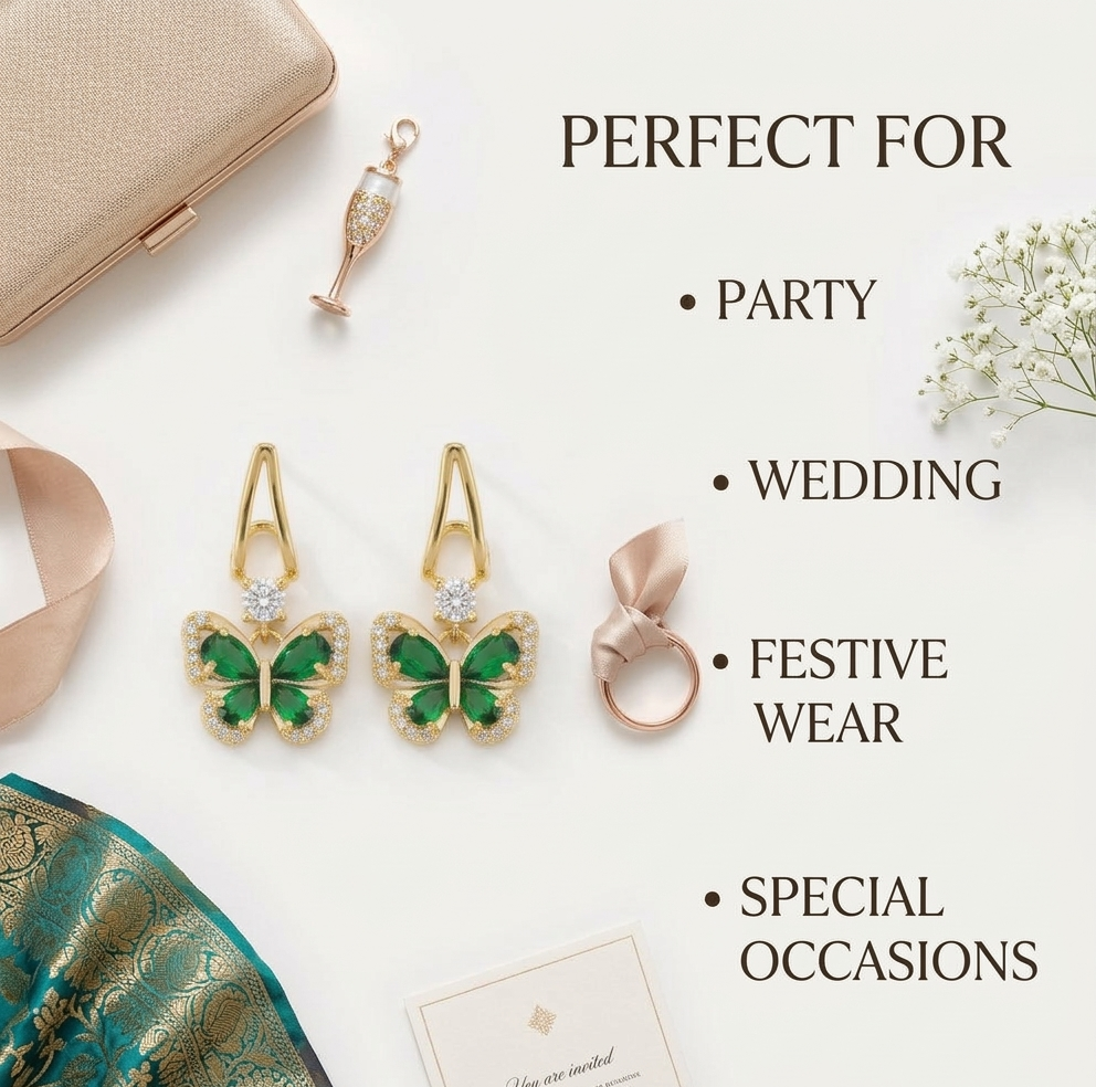 Elegant Gold Butterfly Earrings with Emerald Green Stones