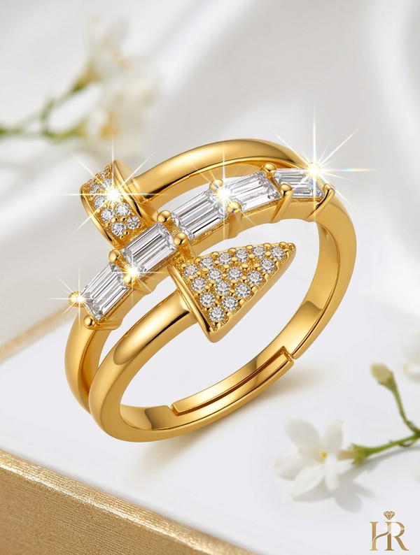 Modern Gold Plated Wrap Ring with Baguette Diamonds & Pavé Accents