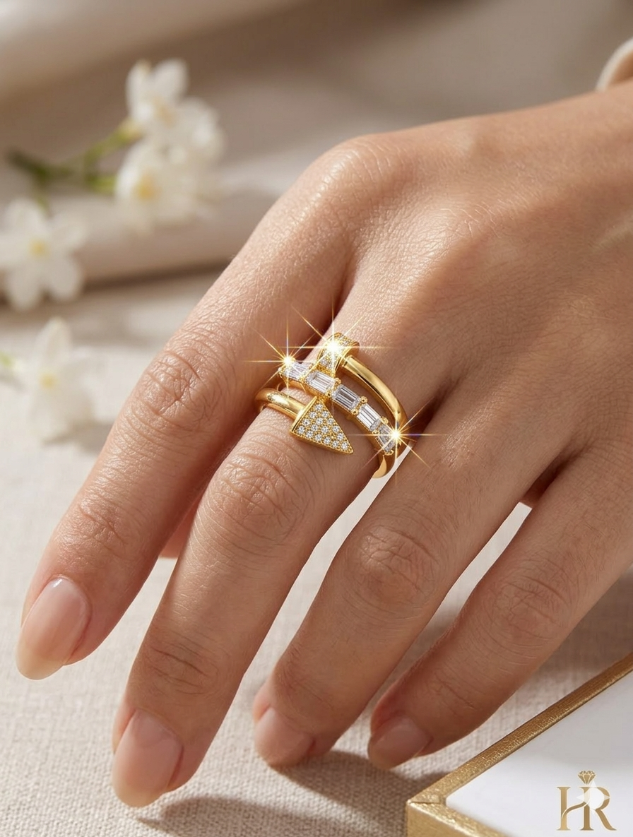 Modern Gold Plated Wrap Ring with Baguette Diamonds & Pavé Accents