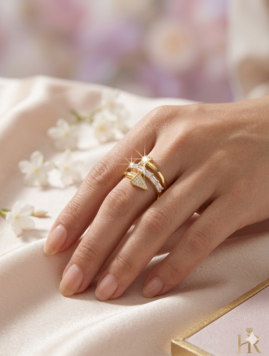 Modern Gold Plated Wrap Ring with Baguette Diamonds & Pavé Accents