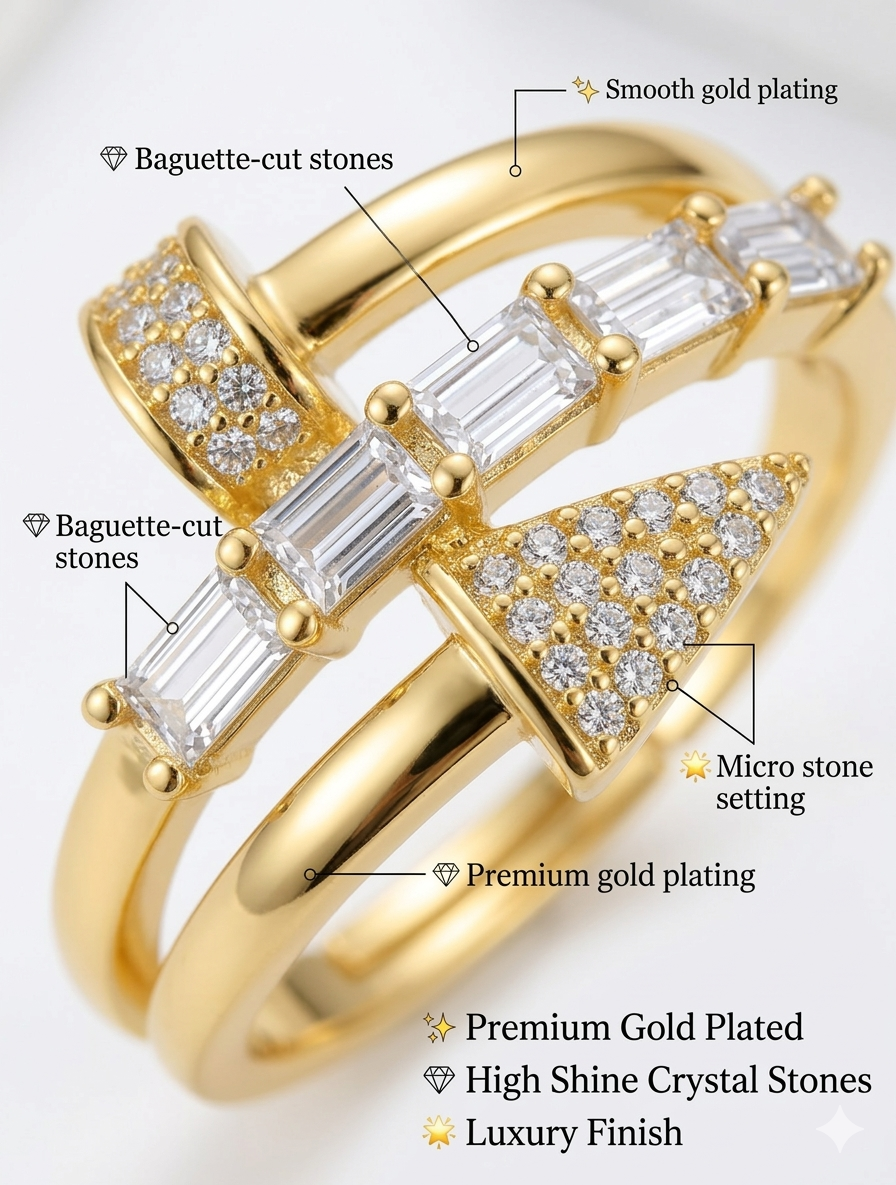 Modern Gold Plated Wrap Ring with Baguette Diamonds & Pavé Accents