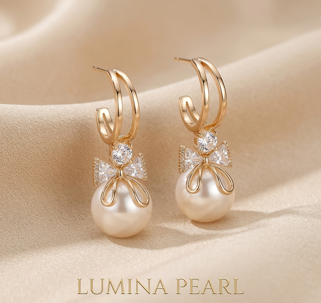 Chic Gold Bow Pearl Hoop Earrings with Crystal Accents