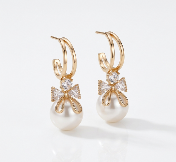 Chic Gold Bow Pearl Hoop Earrings with Crystal Accents