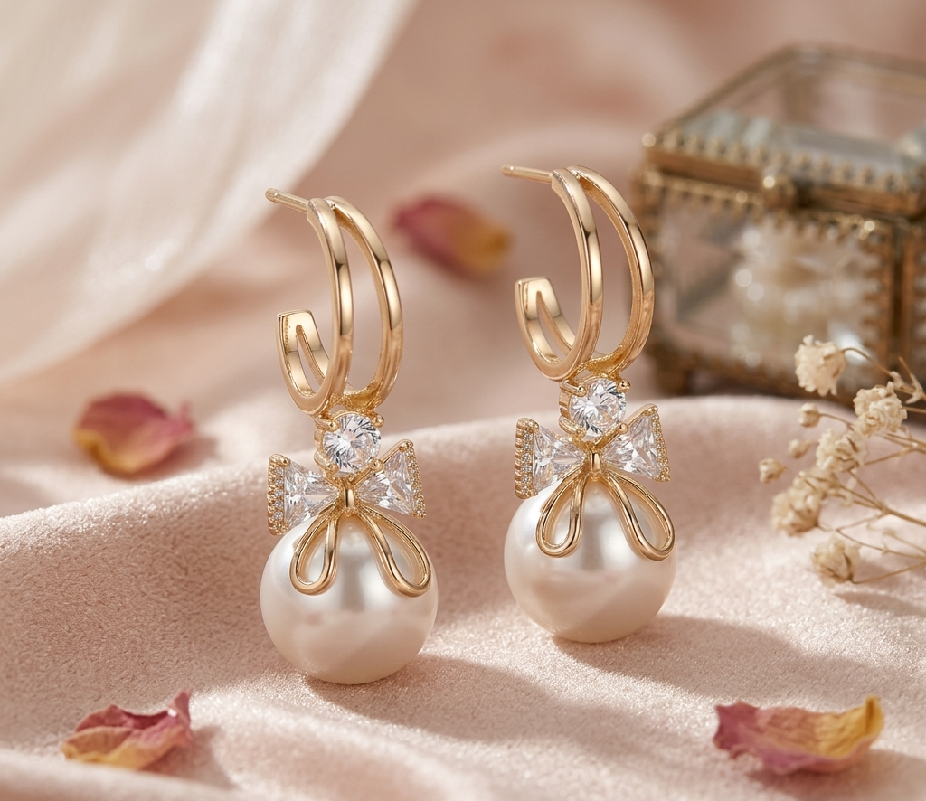 Chic Gold Bow Pearl Hoop Earrings with Crystal Accents