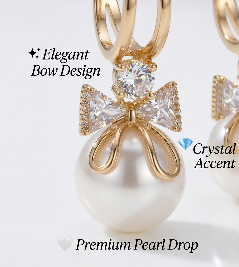 Chic Gold Bow Pearl Hoop Earrings with Crystal Accents