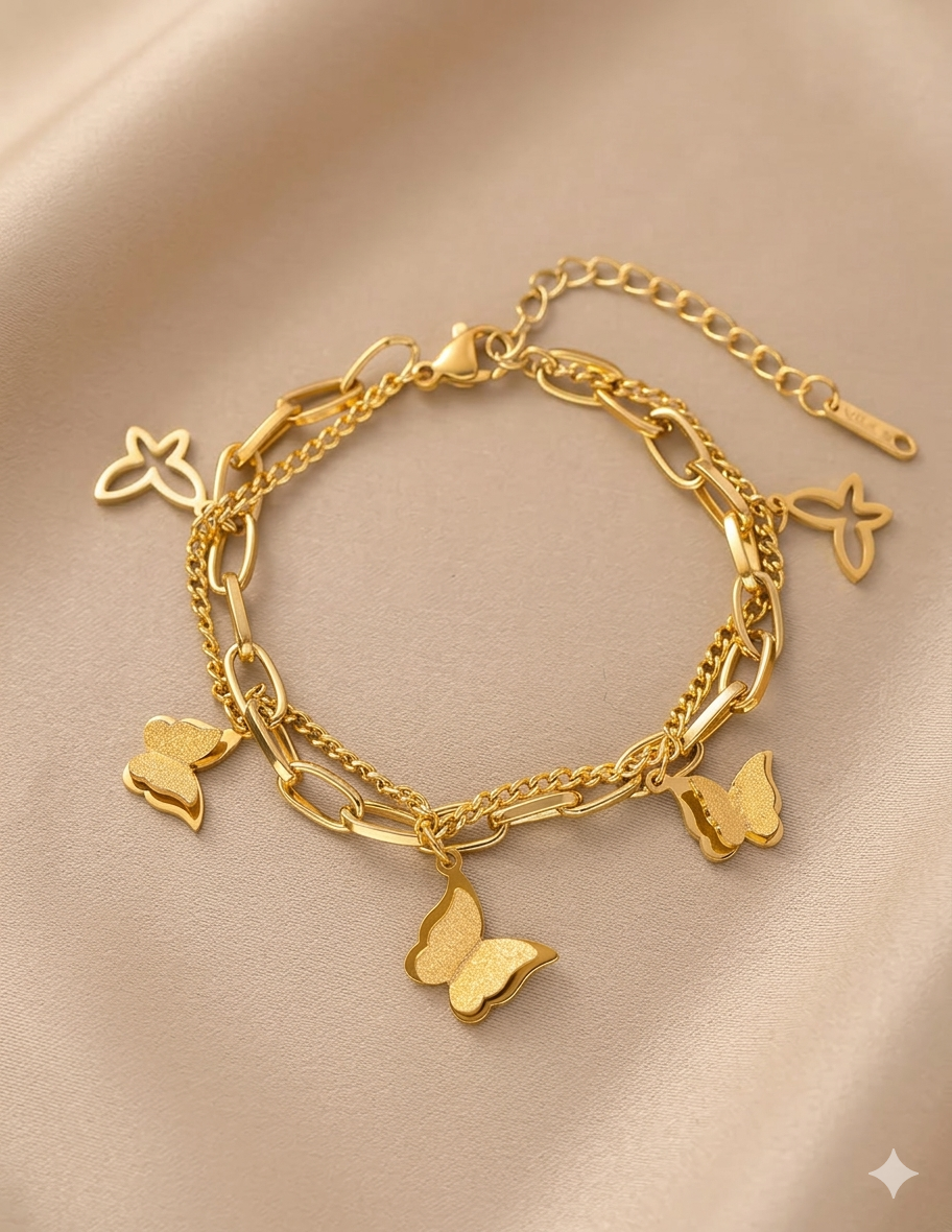 Charming Gold Plated Butterfly Charm Bracelet with Layered Chains