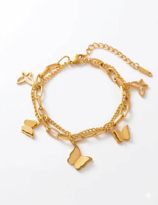 Charming Gold Plated Butterfly Charm Bracelet with Layered Chains
