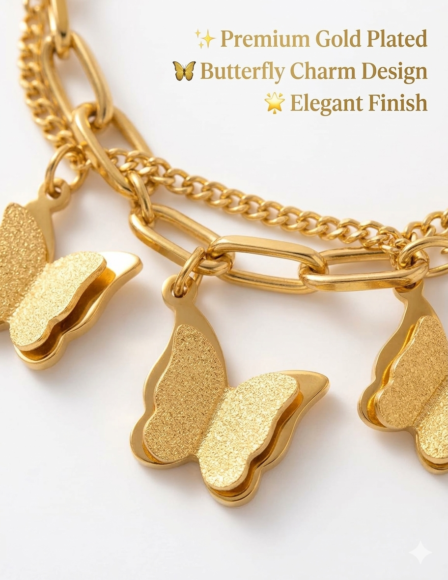 Charming Gold Plated Butterfly Charm Bracelet with Layered Chains