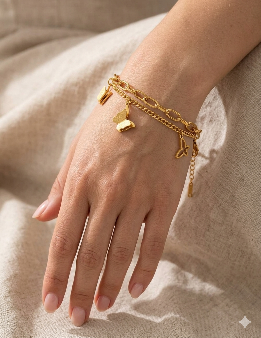 Charming Gold Plated Butterfly Charm Bracelet with Layered Chains