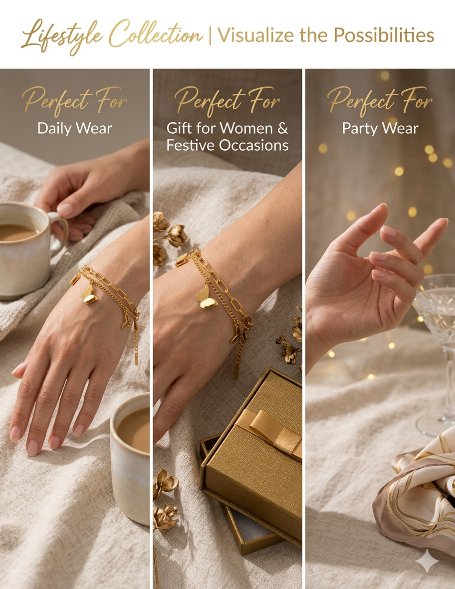 Charming Gold Plated Butterfly Charm Bracelet with Layered Chains