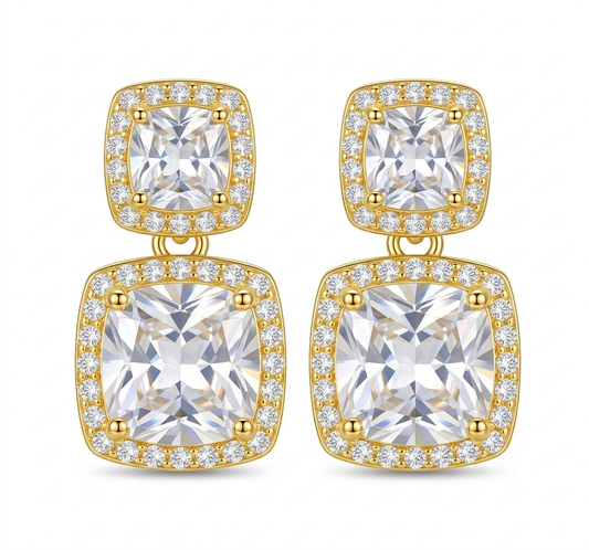 Luxury Double Halo Cushion-Cut Crystal Drop Earrings in Gold
