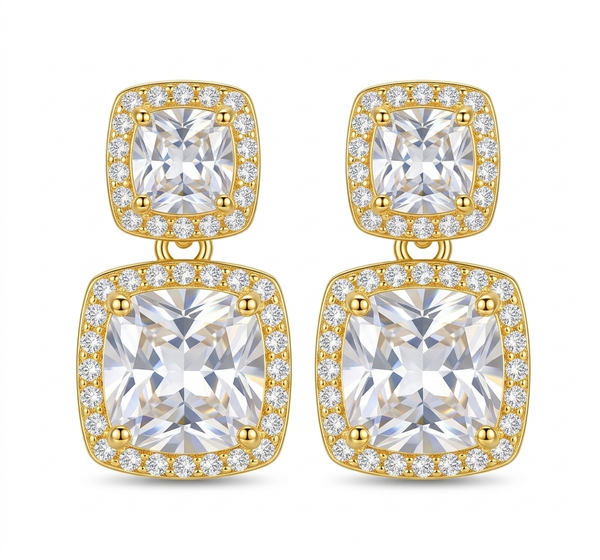 Luxury Double Halo Cushion-Cut Crystal Drop Earrings in Gold