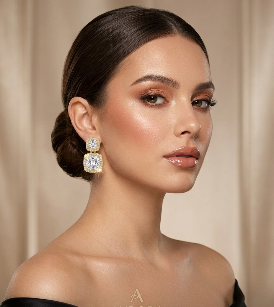 Luxury Double Halo Cushion-Cut Crystal Drop Earrings in Gold