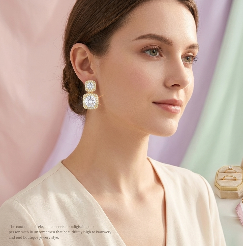 Luxury Double Halo Cushion-Cut Crystal Drop Earrings in Gold