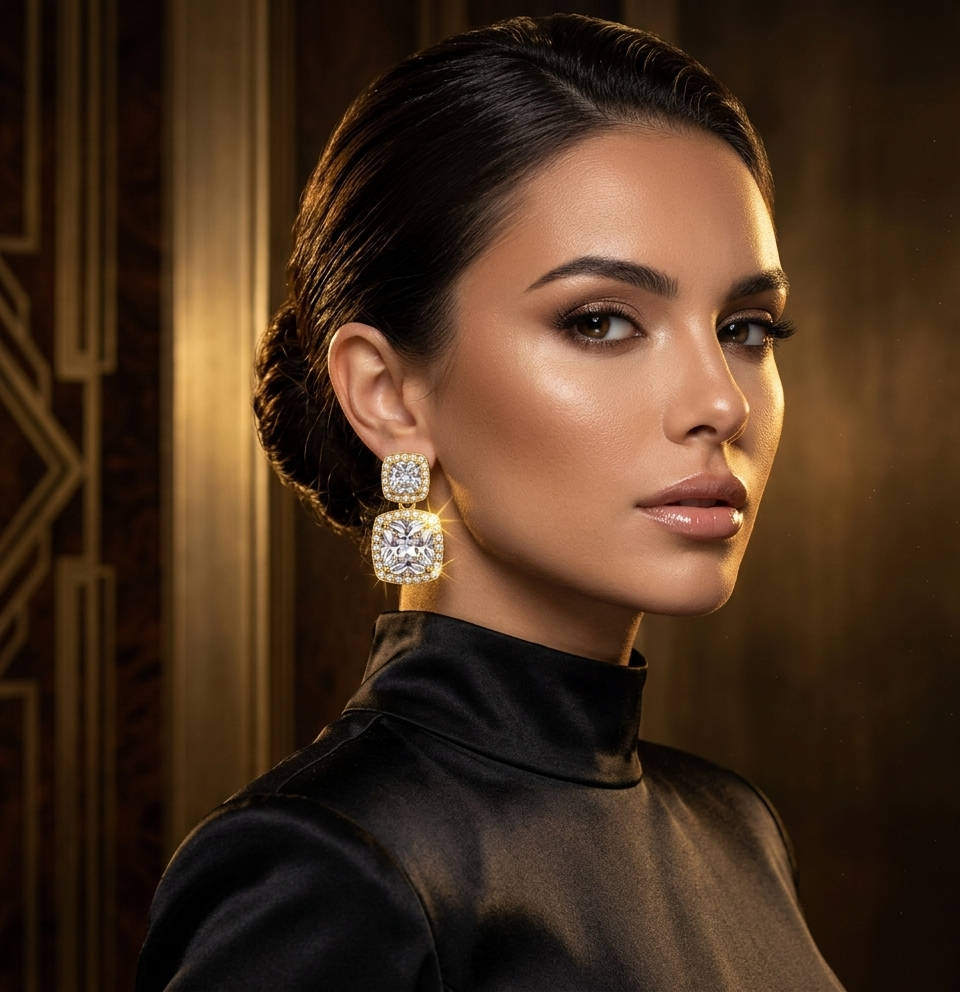 Luxury Double Halo Cushion-Cut Crystal Drop Earrings in Gold